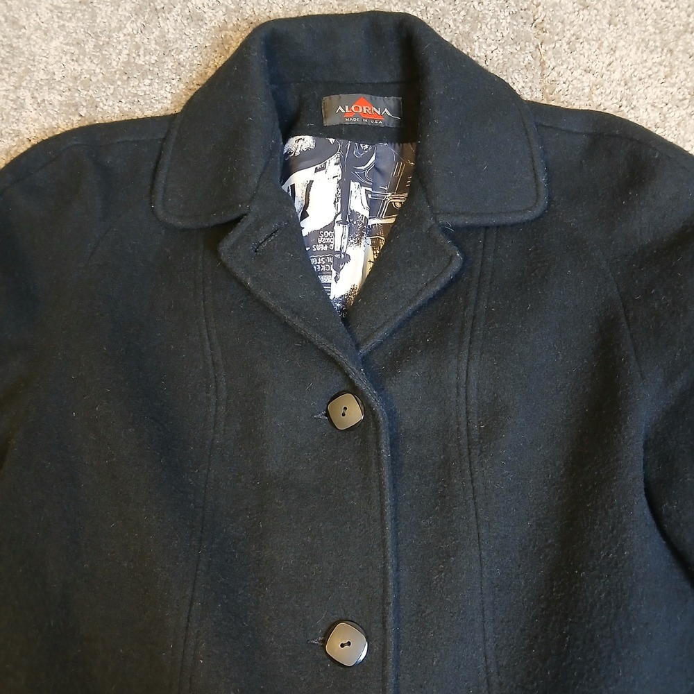 Alorna Black Wool Blend Car Coat Vintage Graphic Lining Made in USA Womens L - Picture 3 of 10